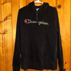 Vintage Champion Black Pullover Hoodie with Embroidered Logo Size M Men's
